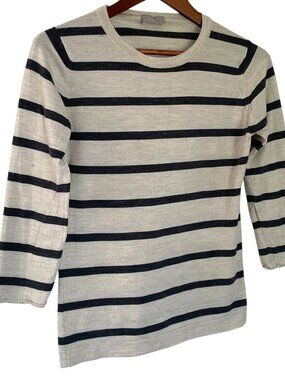 Margaret Howell Crew Neck Sweater Sz 12 Gray Navy Blue Striped 100% Merino Wool